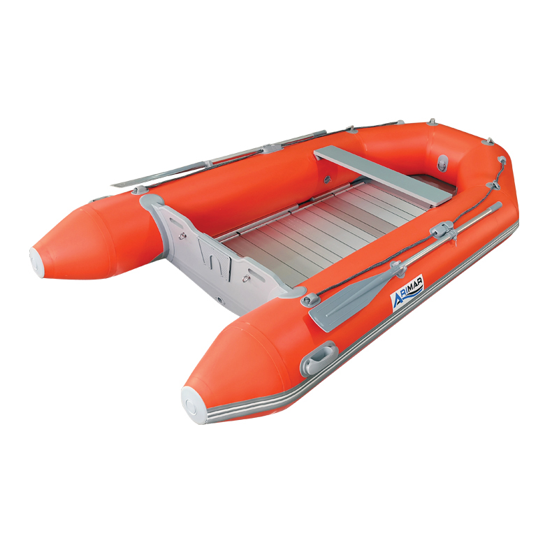 Bright orange inflatable boat with aluminum floor, ideal for fishing and recreational use on water.