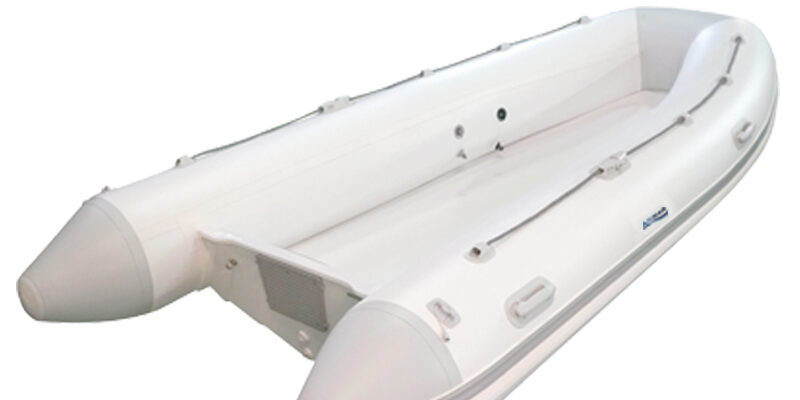 TOP LINE Inflatable white rubber boat with seating, sturdy design, perfect for recreational water activities and fishing trips.