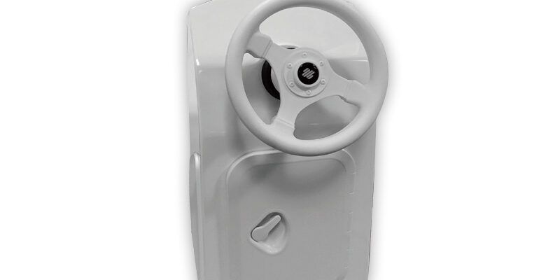 White plastic boat steering console with a steering wheel, perfect for marine control systems and navigation.