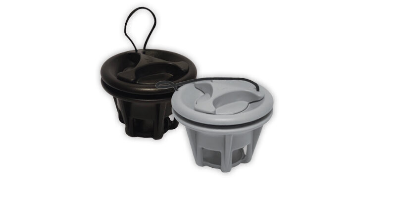 Black and white plastic lids with attached handles, ideal for secure container closure and easy portability.