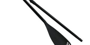 Black two-piece adjustable kayak paddle with logo, shown disassembled for easy transport and storage.