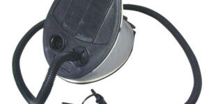 50952-300×300 Black foot pump with attached hose, used for inflating air mattresses and pool toys.