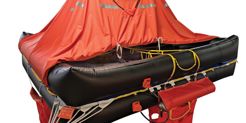 Zattera di salvataggio gonfiabile rossa per 12 persone, dotata di copertura e riflettori.