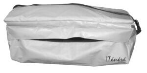 Water-resistant white travel bag with a zipper, featuring a shoulder strap and compact design.