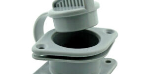 74449-300×300 Gray plastic marine boat drain scupper with check valve, side view, isolated on white background.