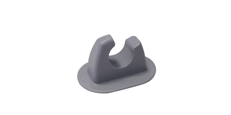 Gray plastic holder for a nozzle or tool, isolated on white background, close-up view.