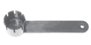 Wrench-style metal tool with circular notched end and flat handle, typically used for specific automotive or mechanical tasks.