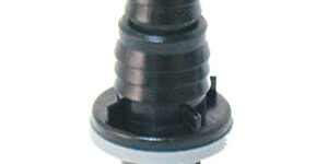 98970-300×300 Black plastic hose connector fitting with threaded design, isolated on white background.