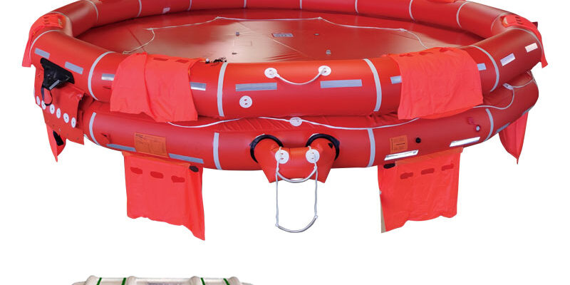 Zattera di salvataggio rossa con contenitore bianco per emergenze marittime, sicurezza in mare.