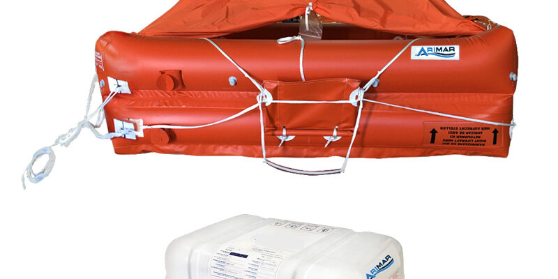 Orange Arimar life raft with canopy and storage case, featuring a Norwegian flag icon.