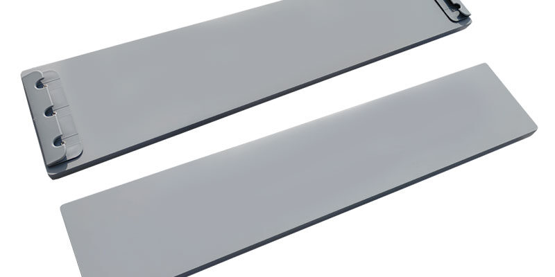 itm_501981__985 Gray rectangular plastic panels with hinge details, isolated on white background.