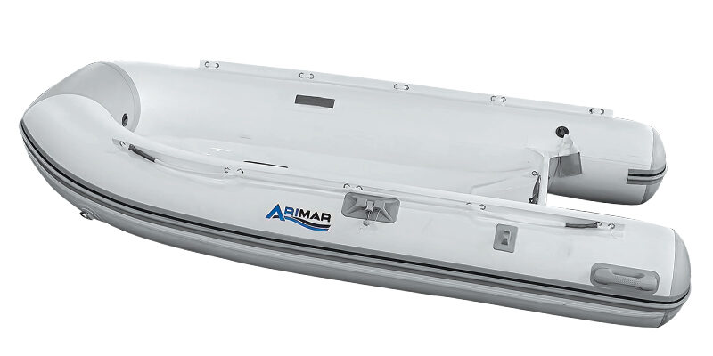 itm_502295__297 Inflatable white Arimar boat with sleek design for versatile water activities.