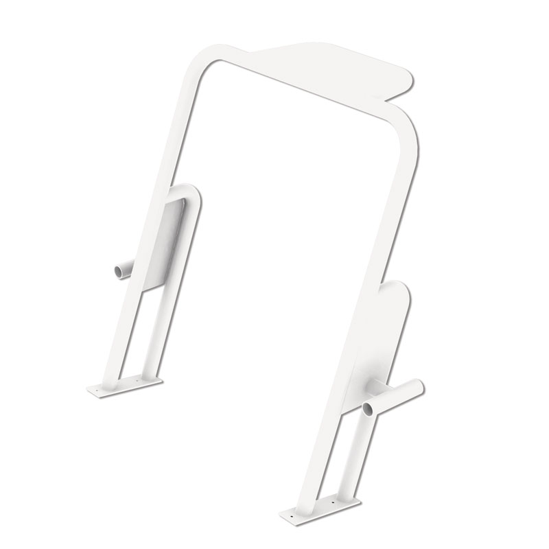 White metal wall-mounting surface bracket with handles, designed for secure installation of equipment or devices.