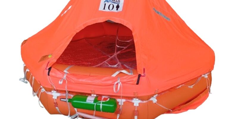 Bright orange inflatable life raft for 10 people, featuring safety equipment and international certification logo.
