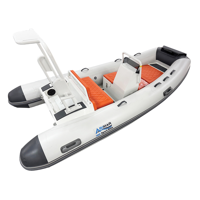 Inflatable white boat with orange seats and black accents, featuring Aimar 360 Sports-Stile branding.