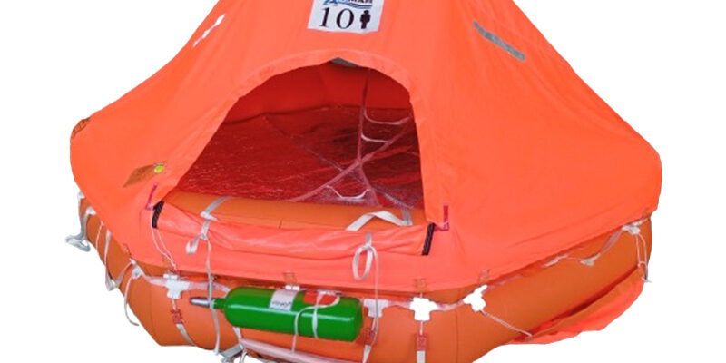 Bright orange inflatable life raft for 10 people, with canopy, safety supplies, and Earth logo.
