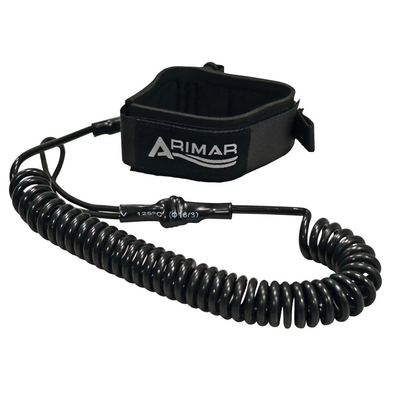 Coiled surfboard leash with a black adjustable ankle cuff from Arimar, ensuring board safety and security.