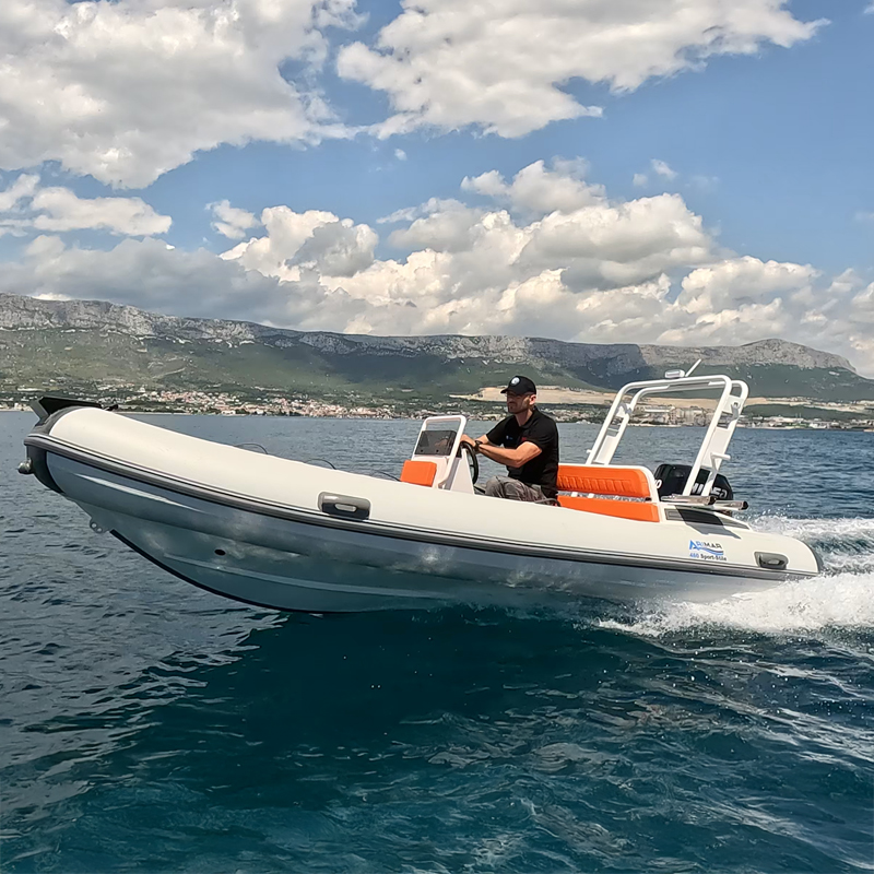 Gommone in navigazione su acque blu con paesaggio montano sullo sfondo, cielo nuvoloso. Avventura marina estiva.