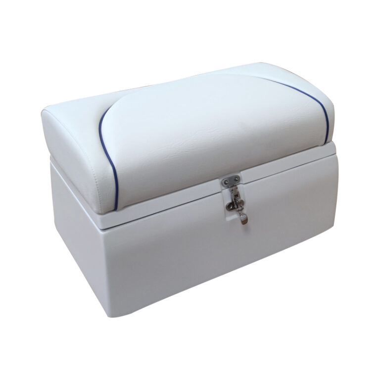 Panca contenitore bianca con imbottitura e chiusura di sicurezza, ideale per arredamento moderno e funzionale.